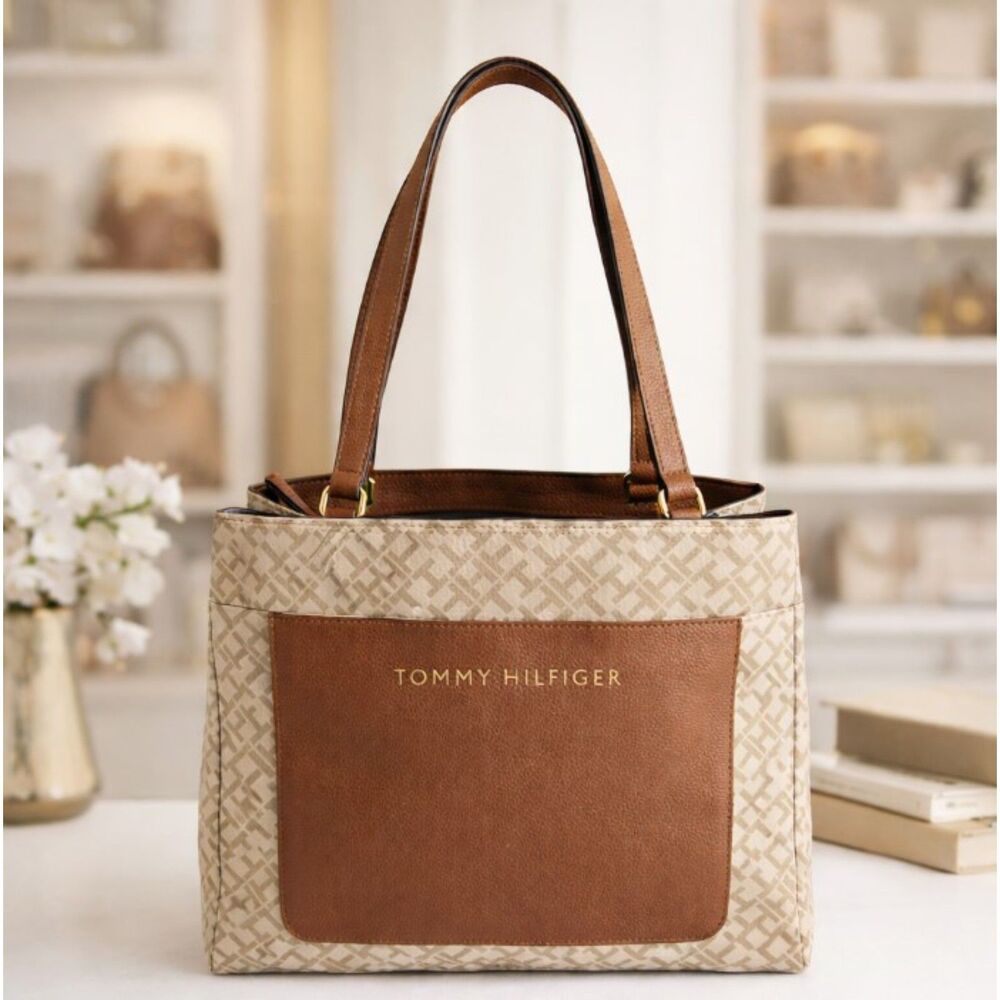 Tommy Hilfiger Signature Tote Tan Brown Leather Trim Shoulder Bag
